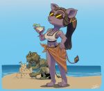 alcohol anthro beach beverage big_breasts bikini breasts clothing cocktail duo felid female fur green_body green_fur hi_res lion male male/female mammal margarita muscular muscular_male pantherine purple_body purple_fur sand_castle sculpture sea summer swimwear turkojar two-piece_swimsuit water wide_hips