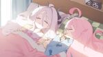  2girls ahoge animal_print blanket blue_archive closed_eyes curtains facing_another grey_hair hair_between_eyes hina_(blue_archive) hoshino_(blue_archive) indoors long_hair long_sleeves lying multiple_girls on_back on_bed on_side orca_print parted_lips pink_hair polka_dot sleeping wagashi928 