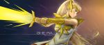  1girl armor attack blonde_hair blue_eyes bracer fantasy glowing glowing_sword glowing_weapon headgear highres long_hair masters_of_the_universe pauldrons redesign she-ra she-ra_and_the_princesses_of_power solo space sword tiara vrtlbacon weapon 