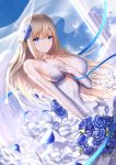  1girl absurdres an_yasuri bangs blonde_hair blue_eyes blue_flower blue_rose bouquet breasts bridal_gauntlets bridal_veil cleavage closed_mouth commentary_request dress dutch_angle feathers flower frilled_dress frills hair_flower hair_ornament hair_ribbon highres holding holding_bouquet jewelry large_breasts lexington_(warship_girls_r) petals ribbon ring rose smile veil warship_girls_r wedding_dress wedding_ring white_dress white_flower white_rose 