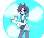  2017 5_fingers anthro biped bottomwear canid clothed clothing collarbone digital_media_(artwork) euca_(repeat) fingers fully_clothed fur hair k.g looking_at_viewer male mammal pants portrait purple_eyes repeat_(visual_novel) shirt smile solo three-quarter_portrait topwear video_games visual_novel white_body white_ears white_fur 