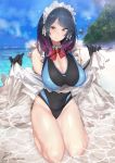  1girl bangs beach black_gloves black_hair bow bowtie breasts brown_eyes cleavage competition_swimsuit covered_navel detached_collar elbow_gloves frills gloves heart long_hair looking_at_viewer maid_headdress multicolored_hair ocean one-piece_swimsuit original outdoors partially_submerged purple_hair rib:y(uhki) seiza sitting smile solo swimsuit two-tone_hair 