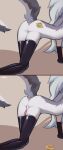 2_panel_comic absurd_res anthro armwear butt canid canid_demon canine clothing demon hellhound helluva_boss hi_res humor jarlium legwear loona loona_(helluva_boss) male mammal mythological_canine mythological_creature mythology penis_in_clothing penis_in_thigh_high post-it_note solo sticker thigh_highs