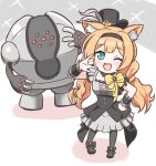  1girl ;d black_bow black_footwear black_hat black_pantyhose blue_archive blue_eyes bow center_frills chibi colored_shadow commentary_request crossover dress flower frills grey_dress hand_up hat hat_flower highres long_hair low_twintails mari_(blue_archive) mari_(idol)_(blue_archive) mini_hat mini_top_hat nichika_(nitikapo) one_eye_closed orange_hair pantyhose pokemon pokemon_(creature) registeel rose shadow shaka_sign shoes smile top_hat twintails very_long_hair white_background wrist_cuffs yellow_bow yellow_flower yellow_rose 