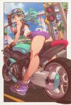  1girl adjusting_eyewear ass bandaid bandaid_on_shoulder bangs biting blue_eyes blunt_bangs breasts bulma capsule_corp commentary day dragon_ball dragon_ball_(classic) edwin_huang english_commentary fingerless_gloves flat_ass full_body gloves goggles goggles_on_head green_hair ground_vehicle gun handgun high-waist_shorts highres holster holstered_weapon kneepits lip_biting long_hair long_legs looking_back loose_socks medium_breasts motor_vehicle motorcycle nike pistol purple_shorts shoes short_shorts shorts shoulder_holster sneakers solo straddling straight_hair tank_top teenage traffic_light twitter_username weapon 