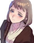  1girl bangs blush braid brown_hair closed_mouth collarbone genderswap genderswap_(mtf) grey_eyes hair_over_shoulder jedi katsuoboshi looking_at_viewer looking_up mole mole_under_eye obi-wan_kenobi robe short_hair simple_background single_braid smile solo star_wars thick_eyebrows upper_body white_background 