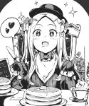  abigail_williams_(fate/grand_order) bangs black_dress black_headwear blush blush_stickers bow breasts butter chair cup dress drooling fate/grand_order fate_(series) food forehead fork fujimaru_ritsuka_(female) greyscale hair_bow hat heart knife long_hair long_sleeves mash_kyrielight monochrome multiple_bows open_mouth pancake parted_bangs plate ribbed_dress sitting sleeves_past_fingers sleeves_past_wrists small_breasts smile sparkle spoken_heart stuffed_animal stuffed_toy sumisu_(mondo) teacup teddy_bear 