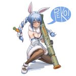  1girl absurdres animal_ear_fluff animal_ears black_gloves blue_hair braid carrot carrot_hair_ornament don-chan_(usada_pekora) food-themed_hair_ornament fur-trimmed_gloves fur_scarf fur_trim gloves hair_ornament highres holding holding_rocket_launcher holding_weapon hololive long_hair looking_at_viewer multicolored_hair pantyhose rabbit_ears rabbit_girl rocket_launcher seventeencrows short_eyebrows simple_background smile solo thick_eyebrows twin_braids two-tone_hair usada_pekora usada_pekora_(1st_costume) virtual_youtuber weapon white_background white_hair 
