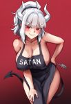  1girl absurdres apron bangs bare_arms bare_shoulders bare_thighs black_tail blush breasts cleavage closed_mouth demon_girl demon_horns demon_tail eyebrows_visible_through_hair fork foxy_rain hand_on_hip hanging_breasts helltaker highres horns huge_breasts large_breasts leaning_forward long_hair looking_at_viewer lucifer_(helltaker) mole mole_on_breast mole_under_eye monster_girl naked_apron open_mouth red_background sideboob simple_background solo tail white_horns 