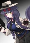  1girl absurdres arknights black_gloves black_hair black_pants blush braid breasts closed_mouth commentary fingerless_gloves gloves green_eyes gun highres holding holding_gun holding_weapon jessica_(arknights) jessica_the_liberated_(arknights) jessica_the_liberated_(ride_to_davistown)_(arknights) k0ng large_breasts long_hair looking_at_viewer low_twin_braids multicolored_hair official_alternate_costume official_alternate_hairstyle pants purple_hair purple_shirt shirt solo streaked_hair tearing_up twin_braids weapon 