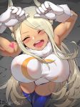  1girl ^_^ ^o^ absurdres animal_ears arms_up bare_shoulders blush boku_no_hero_academia bouncing_breasts breasts bunny_ears closed_eyes covered_nipples dark_skin fur_trim gloves happy heart heavy_breathing highres large_breasts leotard looking_at_viewer mirko muscle muscular_female open_mouth pose sleeveless smile solo souno_hana sweat thigh_gap thighhighs white_gloves white_hair 