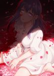  1girl artist_name banned_artist bare_legs barefoot black_ribbon blood blood_on_arm blood_on_face bloody_clothes bloody_hair breasts buttons cherry_blossoms dress fate/stay_night fate_(series) floating_hair from_above glowing glowing_eyes hair_between_eyes hair_ribbon large_breasts long_hair looking_at_viewer matou_sakura orii_(orii_i) parted_lips purple_eyes purple_hair red_ribbon rei_no_himo ribbon shadow shiny shiny_hair short_dress short_sleeves sitting solo stained_clothes sundress sunglasses wariza white_background white_dress 