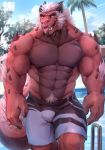  abs absurd_res anthro belly_fur biceps broad_shoulders bulge dragon eye_contact fur furred_dragon hair hi_res looking_at_another male muscular pecs physen quads solo spikes tongue white_hair 