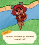  animal_crossing anthro blush bodily_fluids bottomless clothed clothing english_text female hair hazel_(animal_crossing) hi_res mammal nintendo ravenpen15 ravenpen21 red_hair rodent sciurid simple_background solo speech_bubble sweat text undressing video_games 