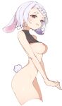  1girl animal_ears bare_shoulders bottomless braid braided_bangs breasts cropped_legs ears_down grin highres inverted_nipples medium_breasts narrow_waist navel nipples original rabbit_ears rabbit_girl rabbit_tail rasusurasu red_eyes simple_background smile solo tail white_background white_hair 