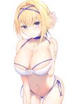  1girl :o aqua_eyes armlet azur_lane bangs bare_shoulders bikini blonde_hair blue_choker blue_ribbon breasts cameltoe choker cleavage commentary_request covered_nipples cross_choker eyebrows_visible_through_hair hair_bun hand_up highres jeanne_d&#039;arc_(azur_lane) jeanne_d&#039;arc_(movie_set_saintess)_(azur_lane) kanade_pa large_breasts layered_bikini leaning_forward looking_at_viewer navel o-ring o-ring_bikini o-ring_top open_mouth ribbon short_hair side-tie_bikini simple_background skindentation solo stomach swimsuit white_background white_bikini 