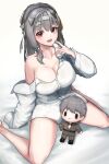  1girl absurdres bandaged_hand bandaged_head bandages blush breasts character_doll cleavage collarbone doll doll_(nikke) goddess_of_victory:_nikke grey_hair hair_ribbon highres large_breasts long_hair long_sleeves looking_at_viewer modernia_(first_affection)_(nikke) modernia_(nikke) naked_shirt off_shoulder official_alternate_costume open_mouth oversized_clothes red_eyes ribbon sagle shirt single_bare_shoulder single_hair_intake smile solo white_shirt yellow_ribbon 