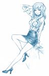  1girl bbb_(friskuser) blue_theme breasts cleavage ears_visible_through_hair highres leg_up long_hair long_sleeves monochrome original pencil_skirt simple_background skirt solo 