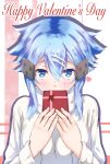  1girl alternate_costume blue_eyes blue_hair blush breasts commentary_request covered_mouth gift hair_between_eyes hair_ornament hairclip hands_up happy_valentine heart highres holding holding_gift long_sleeves looking_at_viewer medium_breasts medium_hair pink_background raipen sidelocks sinon solo sweater sword_art_online turtleneck turtleneck_sweater two-tone_background upper_body white_background white_sweater 