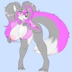  anthro big_breasts big_hair blep breasts canid canine canis clothing female fur grey_body grey_fur grey_hair grey_skin hair hi_res huge_breasts hyper hyper_breasts mammal nipples pink_eyes solo t-rexqueen tongue tongue_out trexqueen wardrobe_malfunction wolf 