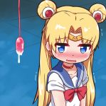  1girl absurdres bangs bishoujo_senshi_sailor_moon blonde_hair blue_background blue_eyes blue_sailor_collar blush bow bowtie chinese_commentary choker circlet collarbone double_bun egg_vibrator embarrassed eyebrows_visible_through_hair flat_chest hair_intakes hair_ornament half-closed_eyes heart highres long_hair nose_blush open_mouth pussy_juice qswan red_choker red_neckwear remote_control_vibrator sailor_collar sailor_moon_redraw_challenge school_uniform serafuku shiny shiny_hair shirt short_sleeves solo sweat tied_hair trembling tsukino_usagi twintails upper_body vibrator wavy_mouth white_shirt 