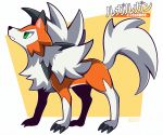  ambiguous_gender black_claws black_nose claws dusk_lycanroc english_text feral fur green_eyes hair hi_res japanese_text looking_up lycanroc nintendo orange_body orange_fur pok&eacute;mon pok&eacute;mon_(species) spikes text tuft video_games white_body white_fur white_hair woofzilla 