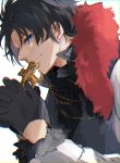  1boy bangs bartholomew_roberts_(fate/grand_order) black_hair blue_eyes cross cross_kiss cross_necklace dark_skin dark_skinned_male dress fate/grand_order fate_(series) from_side fur_collar fur_sleeves gloves hally jewelry looking_at_viewer male_focus necklace smile solo upper_body weapon white_background 