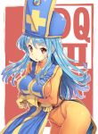  1girl blue_hair blush bodysuit breasts copyright_name covered_navel cowboy_shot cross dragon_quest dragon_quest_iii gloves large_breasts long_hair looking_at_viewer mitre open_mouth orange_bodysuit pantyhose priest_(dq3) red_background red_eyes solo tabard tsurime tsurugi_hagane 