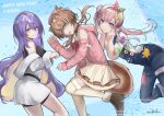  3girls airani_iofifteen airani_iofifteen_(1st_costume) animal_ears aran_sweater area_15 artist_name ayunda_risu ayunda_risu_(1st_costume) badge belt beret bike_shorts boots bow brown_dress brown_hair cable_knit clothing_cutout colored_inner_hair commentary crop_top denim_overalls double-parted_bangs dress frilled_dress frills fur-trimmed_leg_warmers green_eyes hair_between_eyes hair_bow hair_bun hair_ornament happy_new_year hat highres hololive hololive_indonesia hood hooded_sweater jacket leg_warmers long_hair long_sleeves looking_at_viewer low_twintails medium_dress moona_hoshinova moona_hoshinova_(1st_costume) multicolored_hair multiple_girls new_year overalls paint_splatter paint_splatter_on_face pink_eyes pink_hair pink_sweater purple_eyes purple_hair saikako shirt shoulder_cutout single_side_bun sleeves_past_wrists smile squirrel_ears squirrel_girl squirrel_tail striped_leg_warmers suit_jacket suspenders sweater tail twintails virtual_youtuber white_jacket white_shirt 