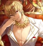  1boy absurdres blonde_hair blurry_foreground chest earrings fate/stay_night fate_(series) gilgamesh gold hair_between_eyes hand_on_own_cheek hand_on_own_face highres jewelry kanniepan looking_at_viewer male_focus necklace open_mouth parted_lips red_eyes ring shirt short_hair smile solo upper_body white_shirt 