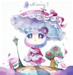  1girl bear character_name cherry coco7 doubutsu_no_mori dress flower food fruit judy lamppost solo sparkling_eyes tree umbrella 