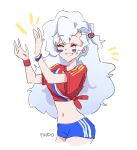  2018_fifa_world_cup alpha_(alpha_1918) artist_name breasts cheering clapping clenched_teeth closed_eyes dynamic_pose english_text facepaint findoworld flag_wristband grin hair_ornament happy jersey long_hair medium_breasts midriff navel red_shirt russia russian_flag shirt short_shorts shorts signature simple_background smile soccer soccer_ball_hair_ornament soccer_uniform sportswear teeth thighs tied_shirt white_background white_hair world_cup wristband 