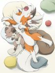  3:4 ambiguous_gender ball bed black_claws black_nose bodily_fluids brown_body brown_fur claws drooling dusk_lycanroc eyes_closed fangs feral fur furniture hair haripo_(artist) hi_res lycanroc lying nintendo orange_body orange_fur pillow pink_inner_ear pink_nose pok&eacute;mon pok&eacute;mon_(species) rockruff saliva sleeping smile spikes tongue video_games white_hair 