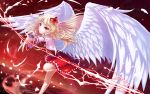  1girl absurdres angel_wings bare_legs blonde_hair bow character_request eyebrows_visible_through_hair feathered_wings hair_bow highres leg_up lightning long_hair muzent night night_sky outstretched_arm outstretched_hand pointy_ears red_background red_eyes red_skirt skirt sky solo standing standing_on_one_leg star_(sky) touhou white_wings wings 