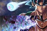  2boys angry armor aura bardock battle_damage black_eyes black_hair closed_mouth damaged dougi dragon_ball dragon_ball_super dragon_ball_z facial_scar father_and_son headband highres injury looking_at_viewer male_focus multiple_boys rubble saiyan scar scar_on_cheek serious short_hair silver_eyes son_gokuu space space_pod spiked_hair sumutemu ultra_instinct wristband 