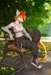  anthro breasts clothed clothing dannonitan day detailed_background female fish footwear grass hair hi_res marine non-mammal_breasts open_mouth orange_hair outside shark shoes sitting solo teeth tongue tree 