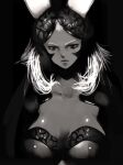  1girl 3: animal_ears breasts cleavage closed_mouth collarbone commentary_request ears_through_headwear final_fantasy final_fantasy_xii fran_(ff12) greyscale helmet kei_(keigarou) large_breasts long_hair monochrome rabbit_ears rabbit_girl solo upper_body viera 