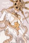  1girl 2025 absurdres animal blush breasts cowboy_shot dark_souls_(series) dark_souls_i dark_sun_gwyndolin dress facing_down genderswap genderswap_(mtf) gold_headwear grey_hair hand_up happy_new_year highres large_breasts long_sleeves short_hair simple_background snake spiked_helmet white_dress zunkome 