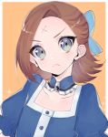  1girl absurdres bangs blue_bow blue_dress blue_eyes bow brooch brown_hair cleavage_cutout closed_mouth collar dress forehead_scar frilled_collar frills frown hair_bow highres jewelry katarina_claes looking_at_viewer medium_hair orange_background otome_game_no_hametsu_flag_shika_nai_akuyaku_reijou_ni_tensei_shite_shimatta outside_border portrait puffy_short_sleeves puffy_sleeves re_(scd6) short_sleeves solo sparkle swept_bangs 