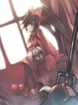  1girl ashley_(warioware) black_hair black_pantyhose chair commentary_request curtains dress hairband kei_(keigarou) long_hair long_sleeves neckerchief on_chair orange_hairband orange_neckerchief pantyhose pitchfork red_dress red_eyes red_footwear shoes sitting stuffed_animal stuffed_rabbit stuffed_toy twintails warioware window 