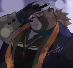  2020 anthro brown_body brown_fur canid canine clothing fur fuyoudo624 gyobu hat headgear headwear humanoid_hands kemono male mammal overweight overweight_male raccoon_dog scar shirt solo tanuki tokyo_afterschool_summoners topwear video_games 