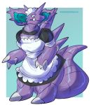  apron choker claws clothed clothed_feral clothing crossdressing dress feral half-closed_eyes hi_res horn jewelry maid_uniform male narrowed_eyes necklace nidoking nintendo pok&eacute;mon pok&eacute;mon_(species) princessnapped semi-anthro simple_background solo spikes thick_tail uniform video_games 
