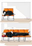  ... 2boys arm_up black_hair black_jacket black_pants blonde_hair bottle c138300 chair closed_eyes closed_mouth commentary curled_up english_commentary film_grain full_body haikyuu!! hand_on_own_stomach highres jacket knees_up long_sleeves lying male_focus multicolored_hair multiple_boys nishinoya_yuu on_back on_side own_hands_clasped own_hands_together pants pillow shoelaces shoes sleeping smile sneakers speech_bubble spiked_hair spoken_ellipsis streaked_hair tsukishima_kei water_bottle white_footwear 
