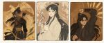  3boys animal armor arrow_(projectile) battlefield belt bird black_eyes black_hair black_hanfu bow_(weapon) bracer branch brown_background building chinese_clothes chu_wanning closed_mouth cloud commentary_request dark-skinned_male dark_skin dimple earrings erha_he_tadebai_mao_shizun fighting_stance fire flower frown glaring hair_flower hair_ornament hair_ribbon hanfu high_collar high_ponytail highres holding holding_bow_(weapon) holding_flower holding_weapon jewelry long_hair long_sleeves male_focus mo_ran multiple_boys open_mouth orange_background orange_sky phoenix quiver ribbon russian_commentary shoulder_armor simple_bird sky smile snake sword upper_body weapon white_flower white_hanfu wuxia xue_meng yaroslava_murashko yellow_eyes 