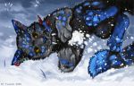  2020 4_toes black_body black_fur blue_body blue_fur brown_eyes digital_media_(artwork) felid flashw fur machairodontine mammal paws smile snow toes 