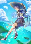  1boy arm_at_side arm_up armor belt black_belt black_bow black_bridal_gauntlets black_footwear black_leggings black_shorts blue_cape blue_hat blue_kimono blue_sky blue_sleeves bow bridal_gauntlets bright_pupils cape cloud cloudy_sky genshin_impact gold gold_ring hakama hakama_shorts han&#039;eri hat highres island japanese_armor japanese_clothes jingasa kimono kote kurokote layered_kimono layered_sleeves leg_warmers leggings looking_at_viewer male_focus midair middle_ring ocean open_clothes open_kimono open_mouth pleated_shorts purple_eyes purple_hair purple_rope purple_sash rope sandals sash scaramouche_(genshin_impact) short_sleeves shorts sky smile solo stirrup_legwear tassel three_quarter_view toeless_footwear toeless_legwear toes wanderer_(genshin_impact) watatai white_kimono white_leg_warmers white_mouth white_pupils white_sleeves white_trim zouri 
