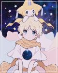  1boy 1other baggy_clothes bangs blonde_hair blue_eyes blush bright_pupils creature eyebrows_visible_through_hair fate/grand_order fate_(series) full_body gen_3_pokemon glowing highres jirachi male_focus mythical_pokemon namigon open_mouth parted_bangs pokemon robe scarf short_sleeves simple_background sky smile space star star_(sky) starry_background starry_sky voyager_(fate/requiem) yellow_scarf 