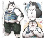  &lt;3 2020 anthro belly black_body black_fur blush bottomwear canid canine canis clothing domestic_dog fur hi_res humanoid_hands husky kemono male mammal navel nikiciy nordic_sled_dog overweight overweight_male pants shirt solo spitz topwear white_body white_fur 