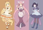  3girls :d absurdres aino_minako alternate_costume apron arms_behind_head bangs bishoujo_senshi_sailor_moon black_dress black_hair black_lady blonde_hair blue_eyes blunt_bangs boots bow bowtie breasts chibi_usa closed_mouth collar cup detached_collar detached_sleeves dress english_commentary enmaided facial_mark forehead_mark full_body hands_on_hips happy highres holding holding_cup long_hair looking_at_viewer maid medium_breasts multiple_girls older open_mouth orange_dress parted_bangs pink_eyes pink_hair puffy_detached_sleeves puffy_sleeves purple_eyes sailor_saturn sailor_venus short_hair short_sleeves simple_background small_breasts smile standing standing_on_one_leg tomoe_hotaru twintails v-shaped_eyebrows very_long_hair waist_apron white_apron wrist_cuffs yaya_chan 
