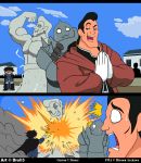  alchemist alphonse_elric animate_inanimate anime armor audience beauty_and_the_beast building clothing comic crossover disney droll3 edward_elric explosion fabulousness full_metal_alchemist fullmetal_alchemist gaston group human male mammal manly muscular muscular_male roy_mustang sculpture shocked_expression smug_face snap spikes statue tired_of_this_shit unamused uniform 